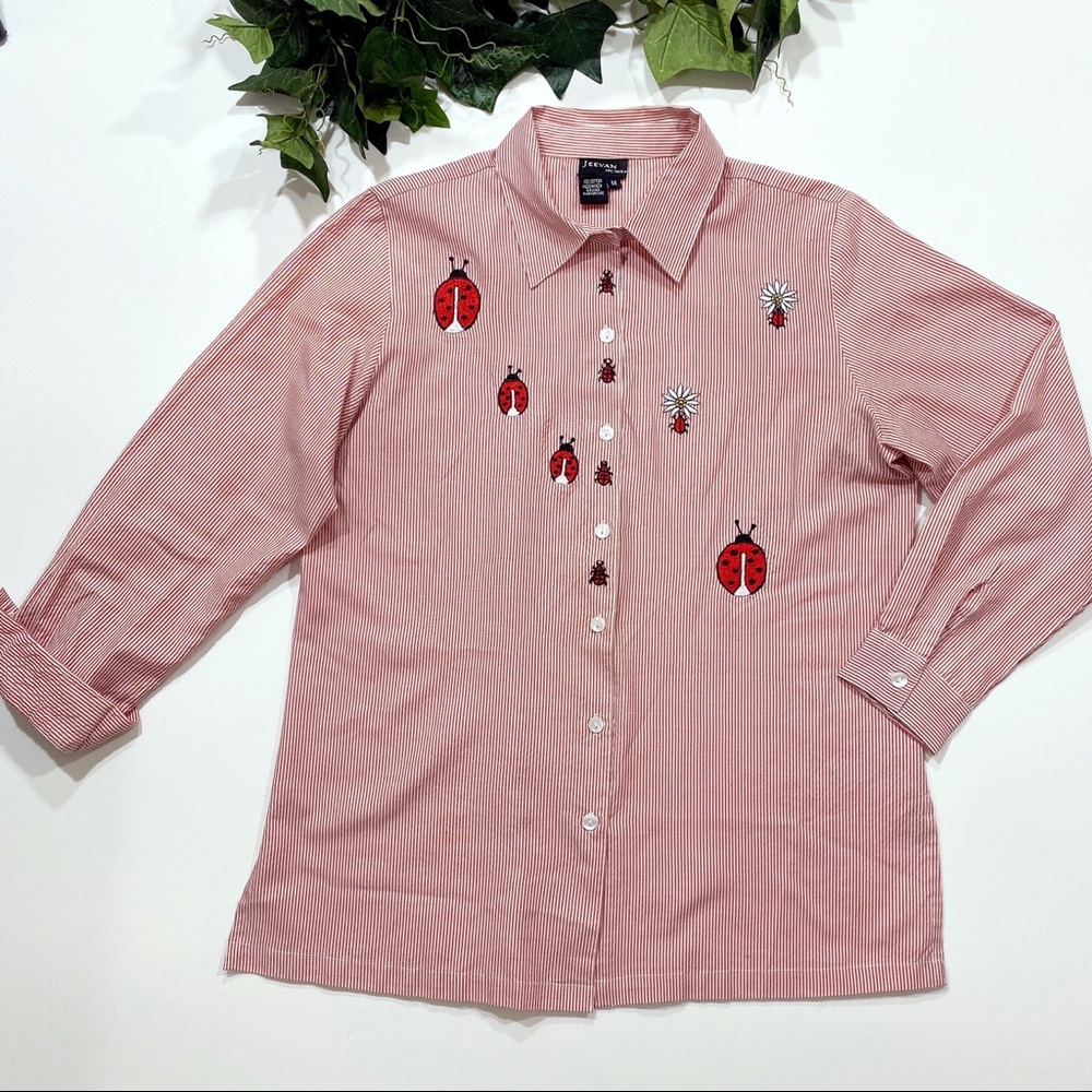 Jeevan Red White Pinstripe Ladybug Embroidered M